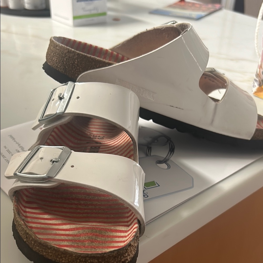 Birkenstock Glossy White Sandals with Buckles